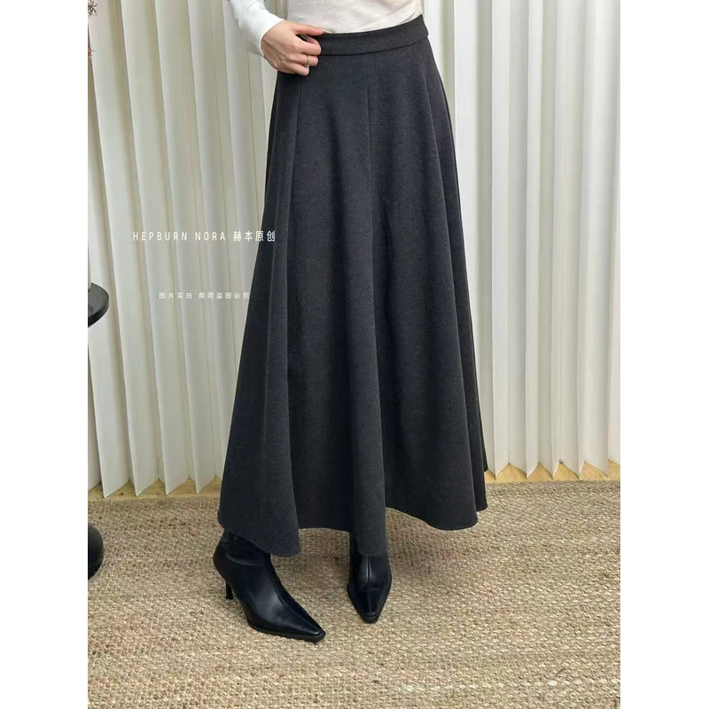 （6-8运贴）高腰气质加厚毛呢大伞裙韩系秋冬简约显瘦平腰中长半