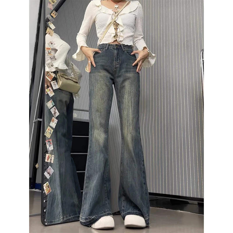 2-300斤胖mm大码女装浅色复古牛仔裤女春款宽松显瘦不铁腿微喇裤