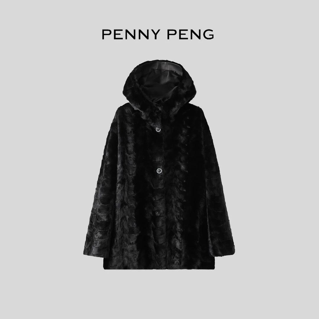 PENNYPENG 黑珍珠 黑标系列优雅高奢保暖轻盈连帽水貂外套