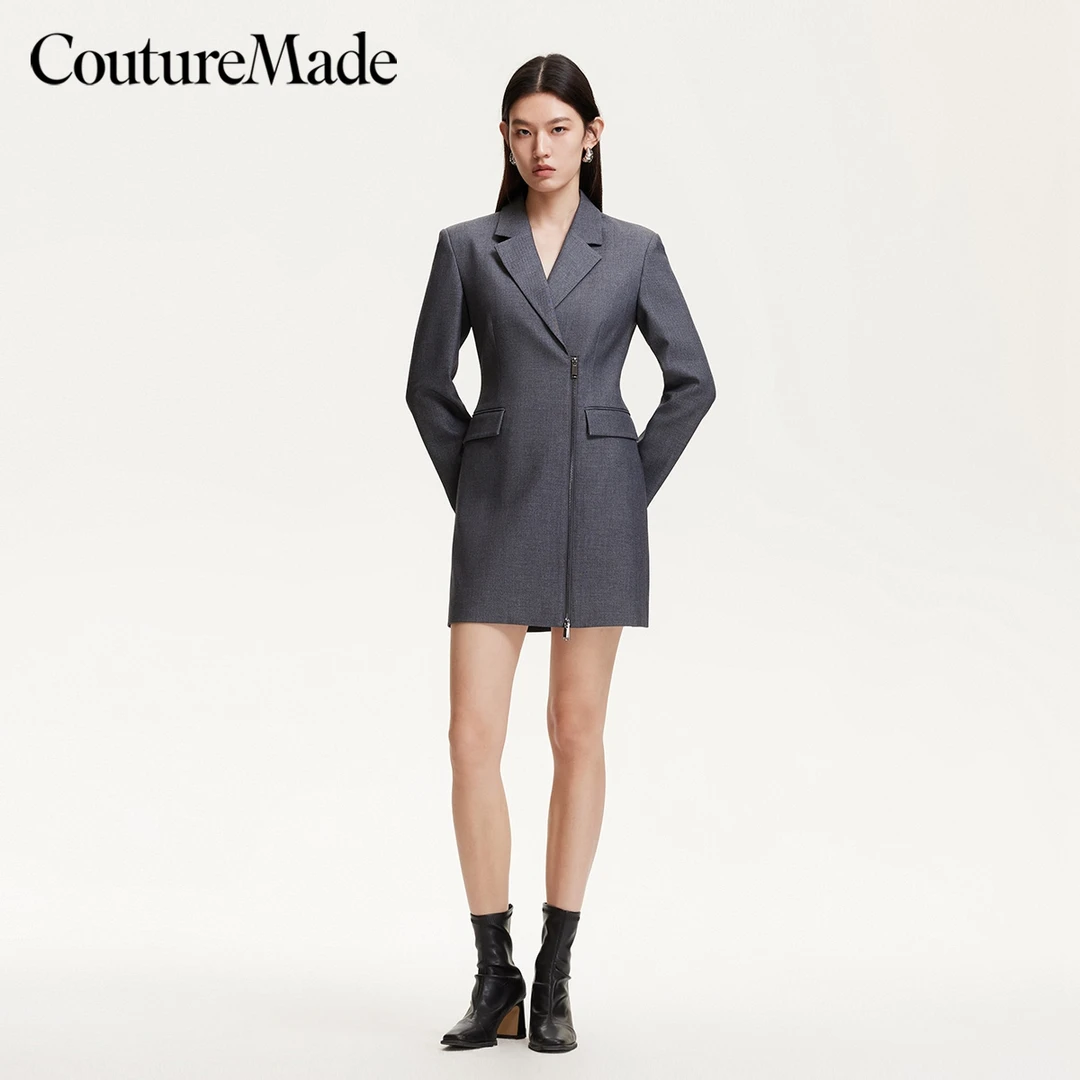 Couture Made连衣裙2025垫肩拉链门襟千金裙子氧气裙小众慵懒风