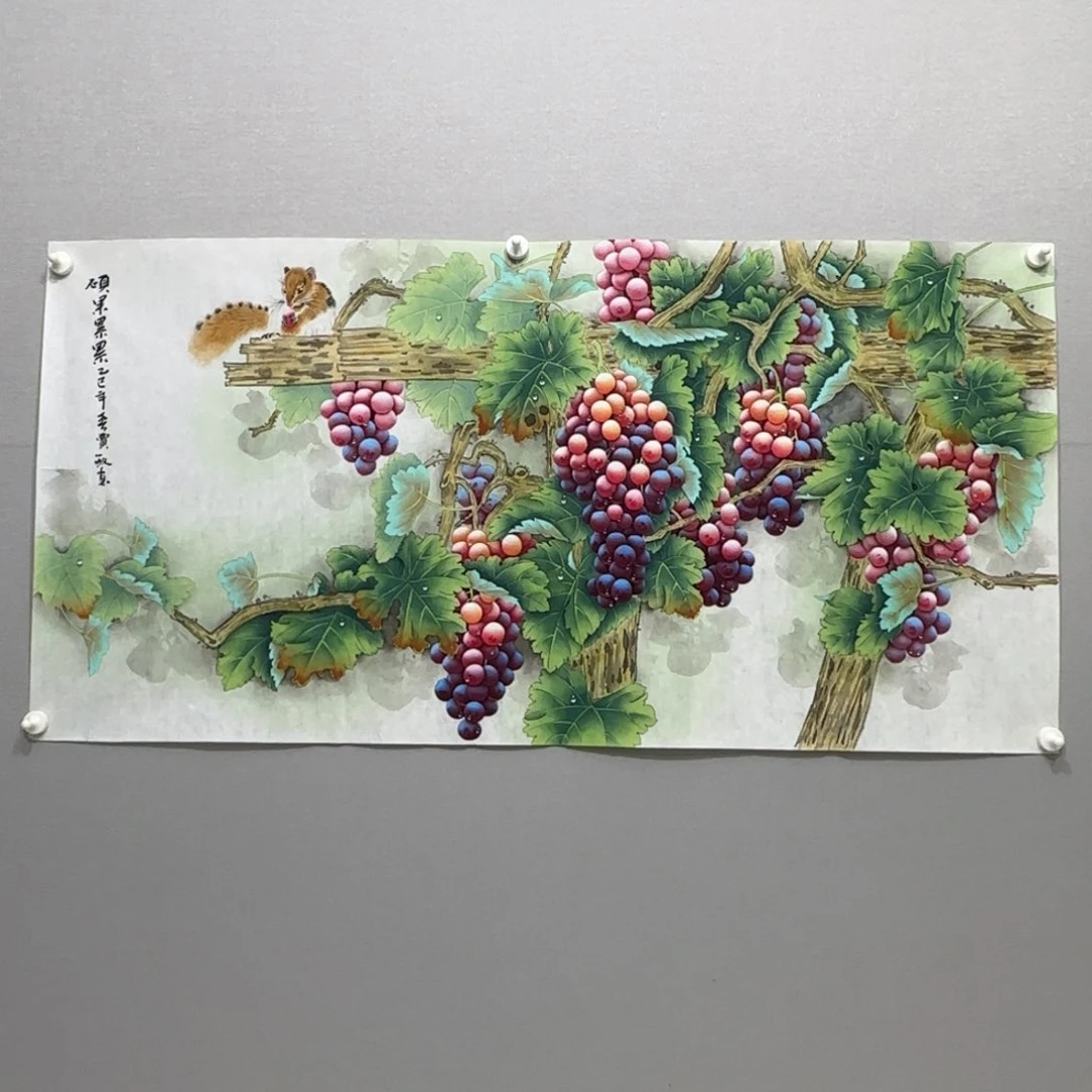 国画横幅四尺工笔葡萄斗方贾敏