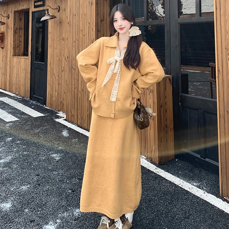 胖颖专属大码冬季新款韩版小香风针织上衣+半身裙时尚套装9084
