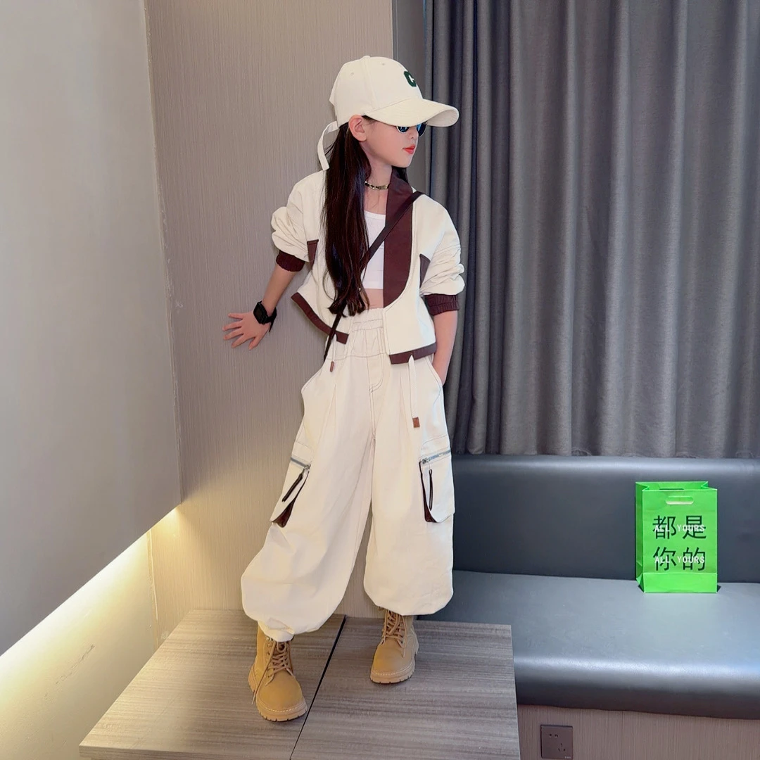 女童秋季两件套新款欧货个性时尚宽松撞色外套百搭哈伦工装裤套装