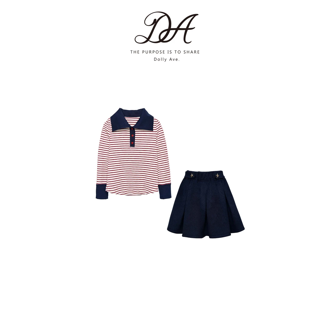 Dolly Ave「黑标系列」时尚条纹撞色POLO女童秋冬新款半裙套装