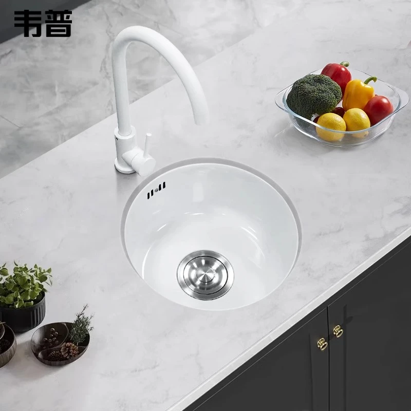 韦普白色纳米吧台阳台圆形水槽单槽套餐304不锈钢厨房迷你洗菜盆