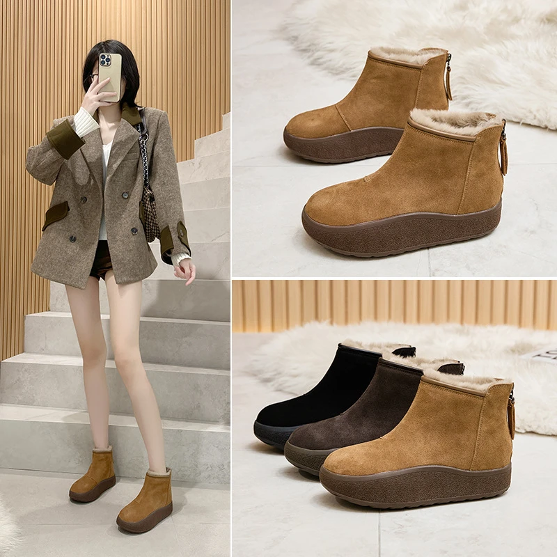 磨砂绒勃肯鞋马丁厚底新款靴女2025冬季加绒拉链