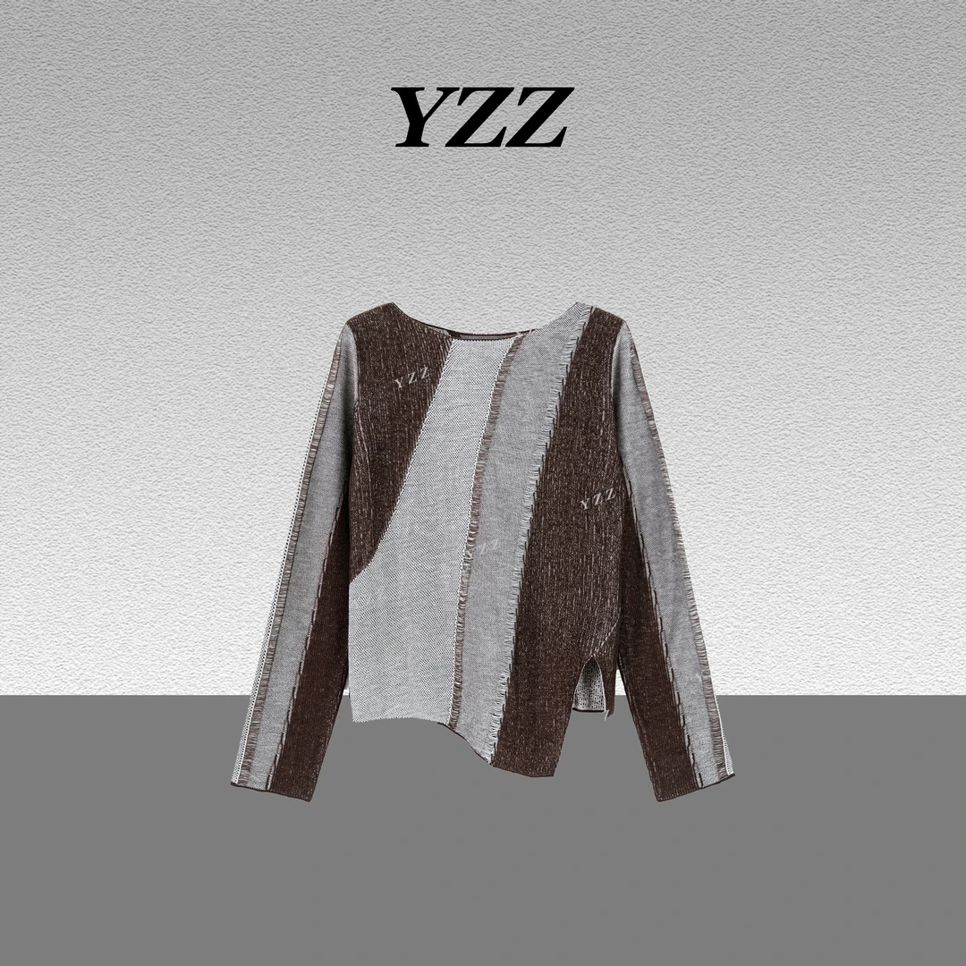 YZZ“良木”绵羊毛时尚复古百搭不规则拼接撞色显瘦针织衫 680276