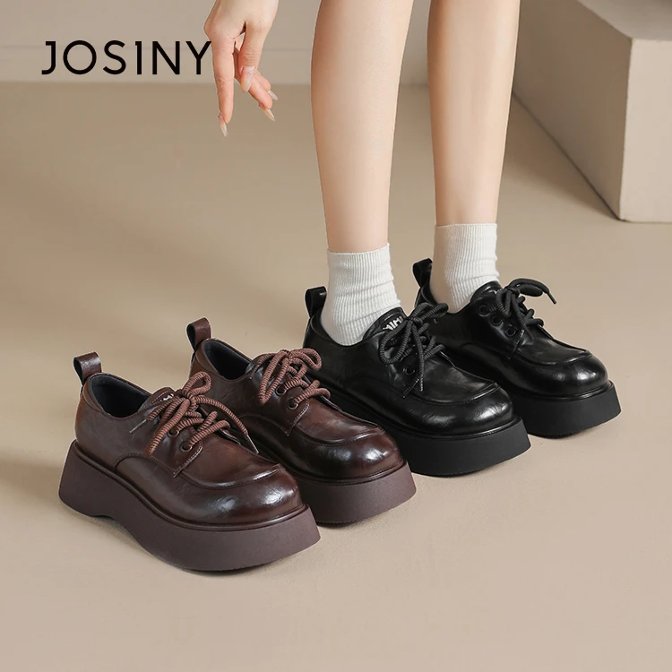 卓诗尼2025春季新款厚底系带乐福鞋大头圆头增高英伦风小皮鞋单鞋