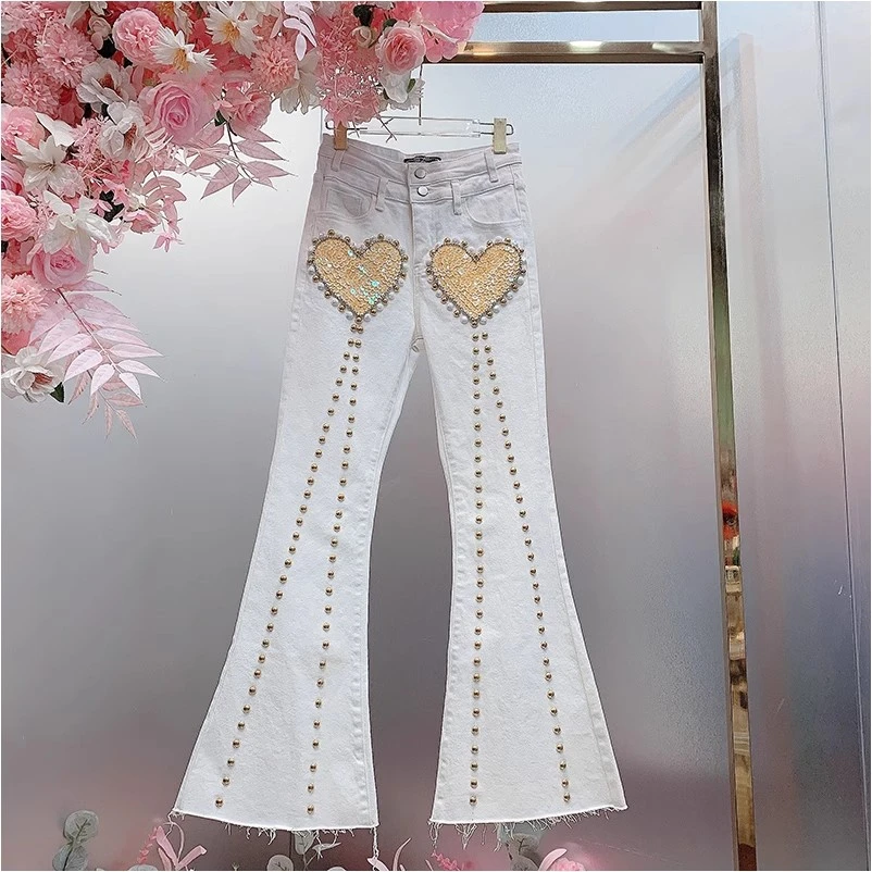 A1051欧美设计师2025早春新款重工钉钻刺绣亮片爱心微喇叭牛仔裤