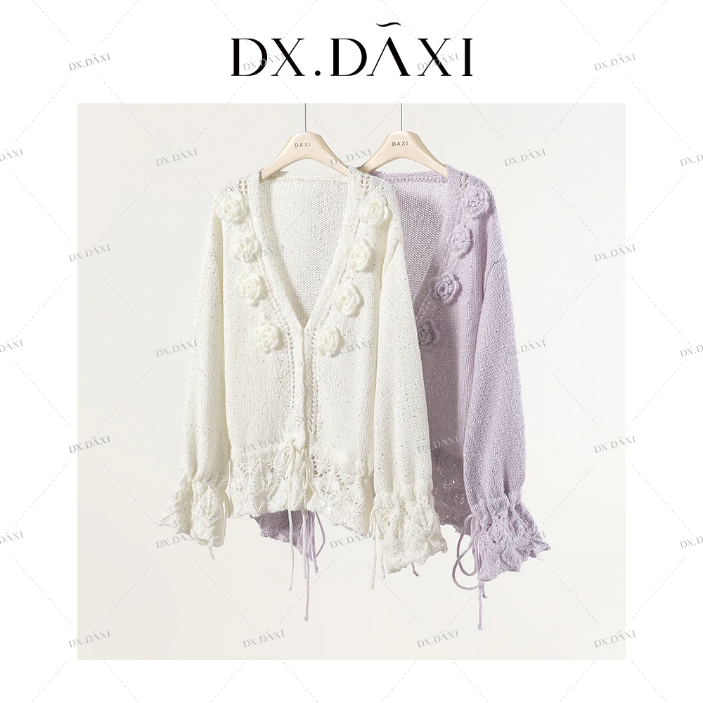DX.DAXI【心动缪斯】手工钩花立体花朵亮片慵懒毛衣