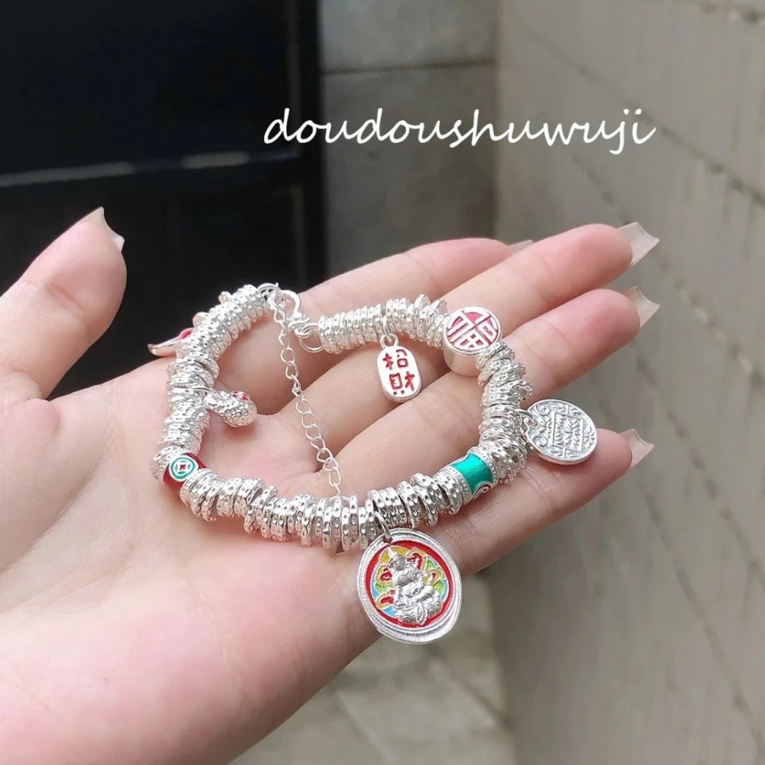 足银手链 足银999盘缠手链珐琅五路财神手串福牌好运新中式国风