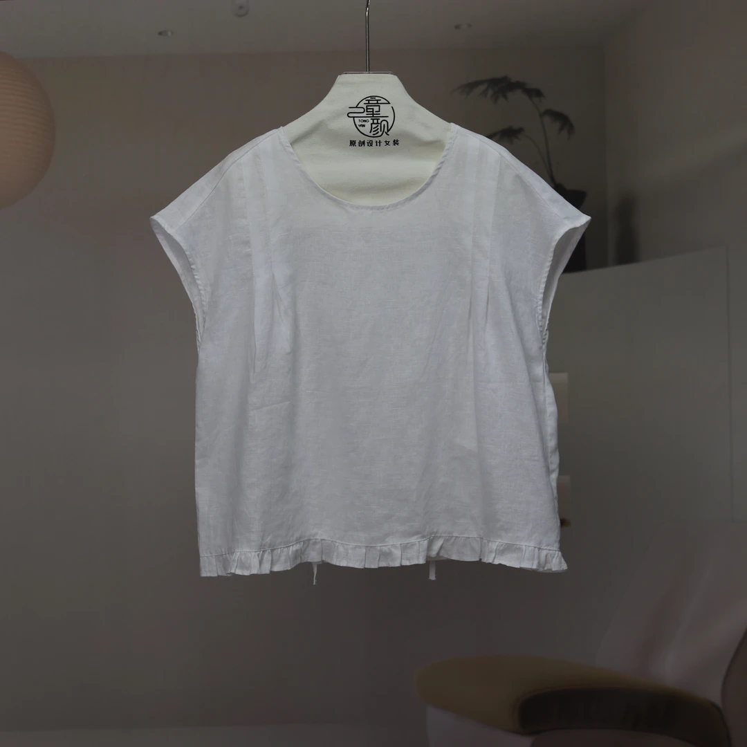 【10397】高品质原创设计白色百搭背后系带麻料小衫意