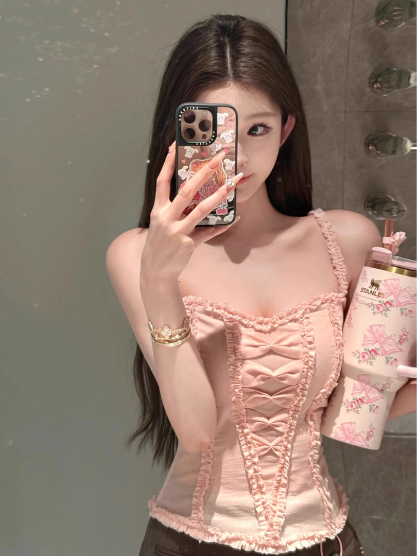 粉色蝴蝶结花边吊带背心2025夏季设计感纯欲甜美辣妹修身无袖上衣