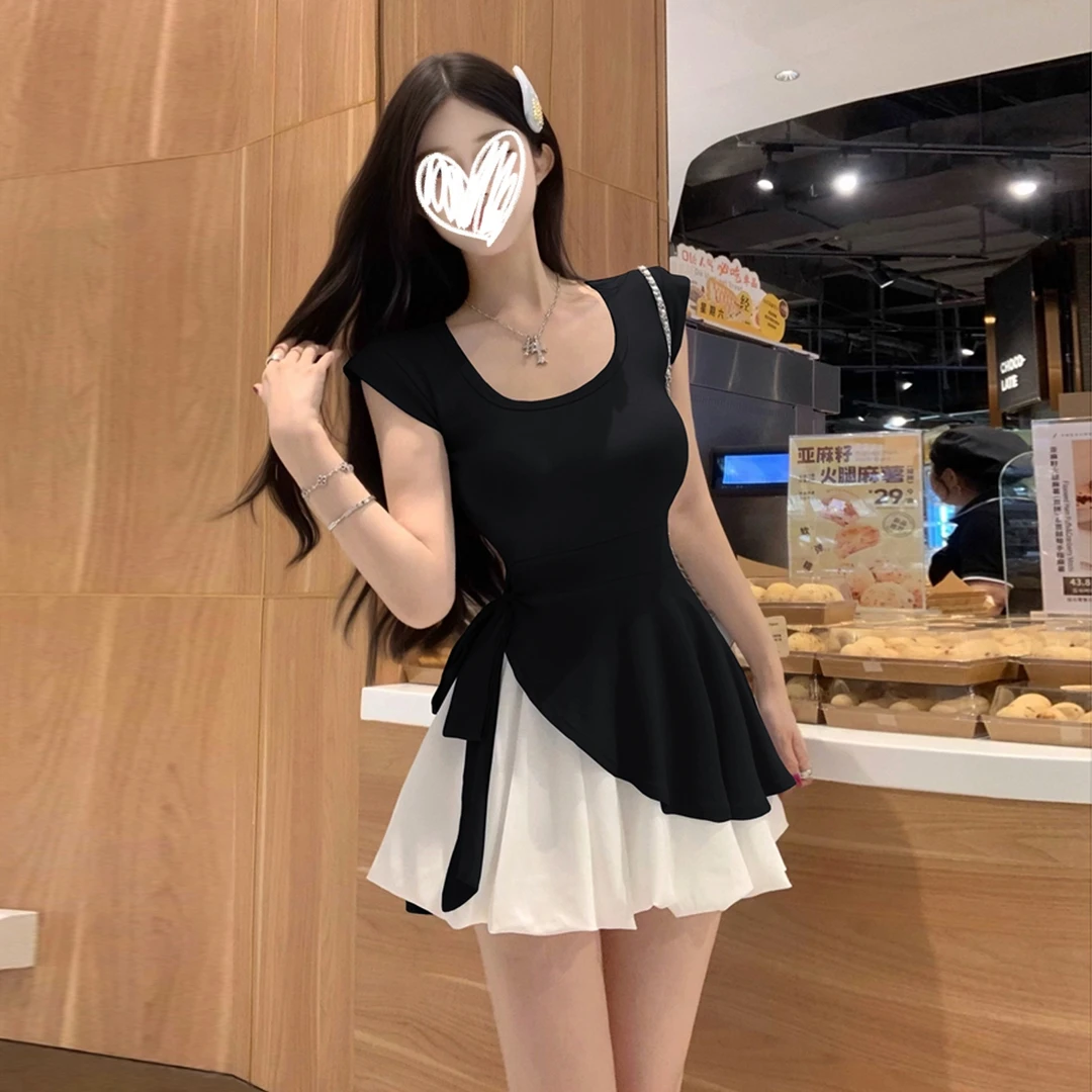 【年中青青】韩系气质小心机U型领绑带高级感修身别致小飞袖上衣