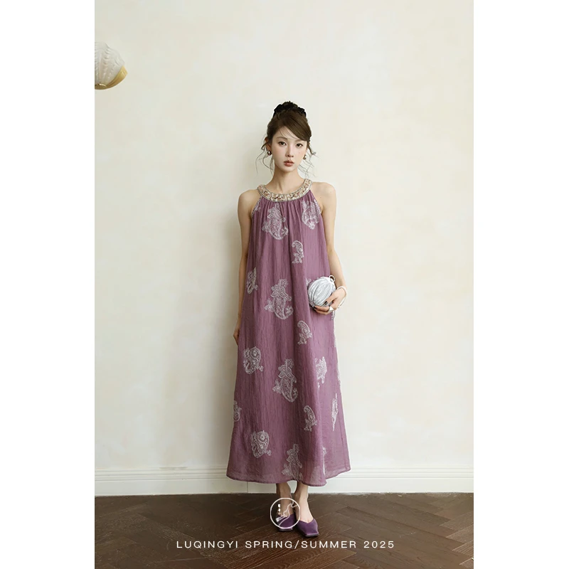 鹭青一精选【莺燕语】复古绣花连衣裙紫色吊带裙珠片上衣L25L1010L