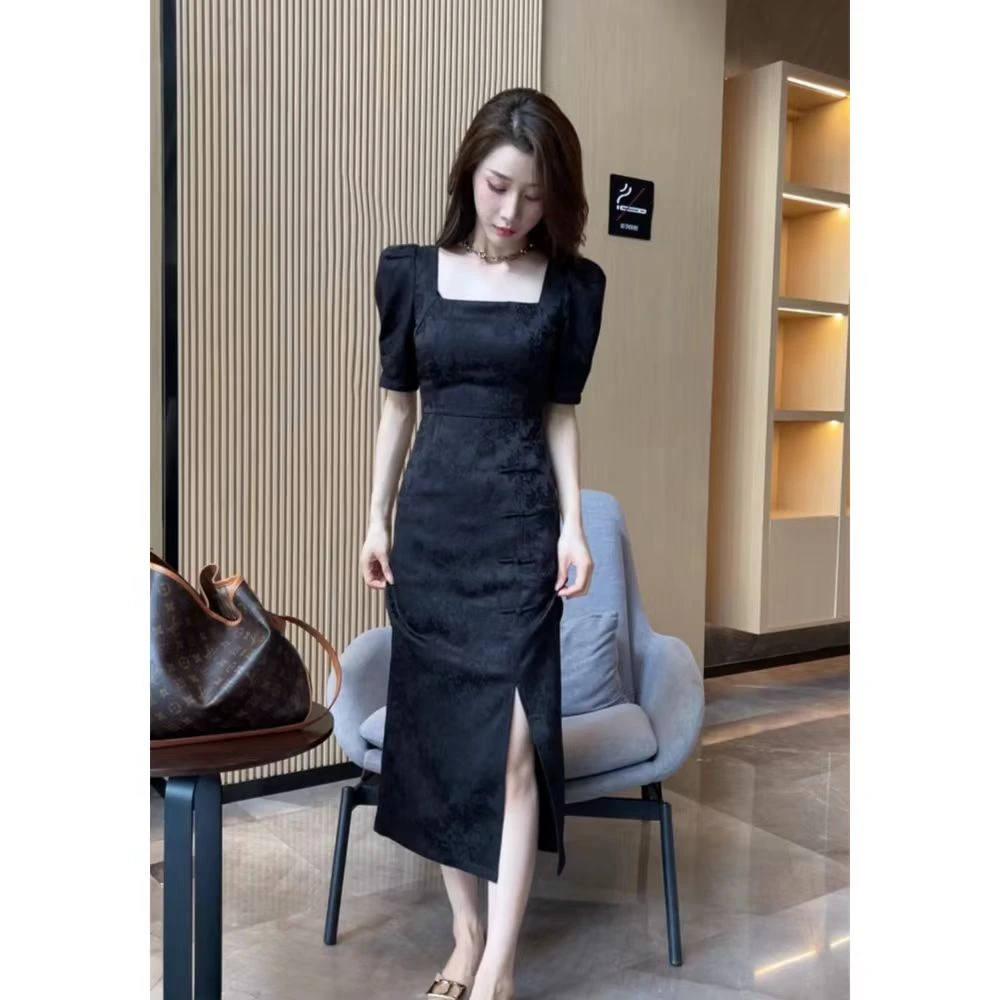 法式开叉方领连衣裙女显瘦长裙-0449