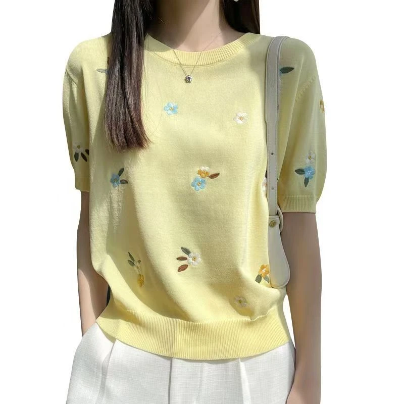 901-1000女针织衫夏季薄款宽松绣花时尚圆领套头春夏百搭绿色镂空