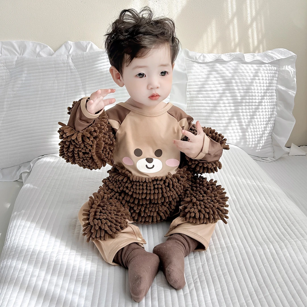 宝宝爬行服护膝拖把服婴幼儿拖地服防脏连体罩衣爬爬服夏春秋冬款