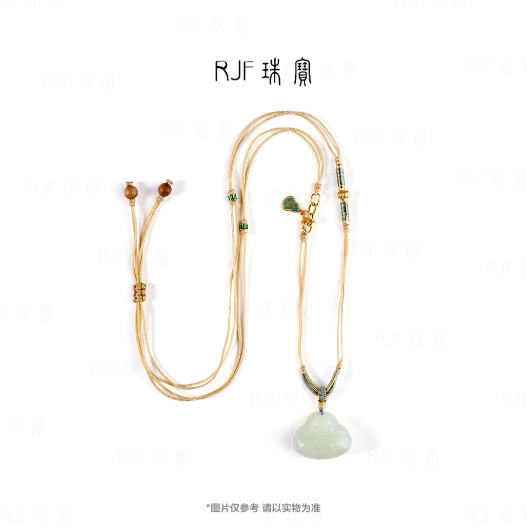 RJF【初恩-浅】天然和田玉晴水绿精雕抱抱佛 +手工编绳+烧蓝工艺