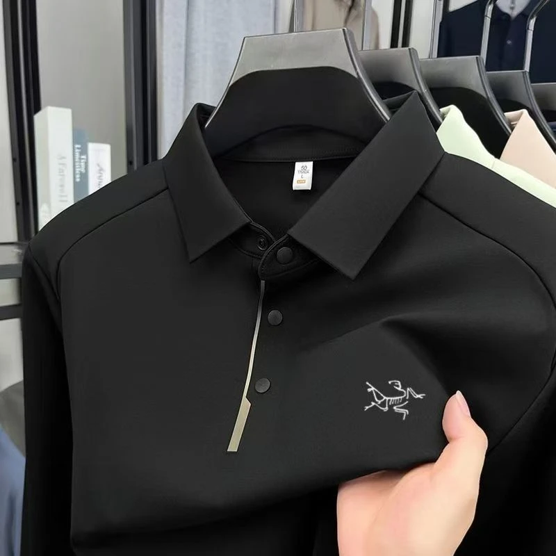 正品始祖刺绣鸟长袖T恤男无痕免烫翻领POLO衫商务休闲百搭打底衫