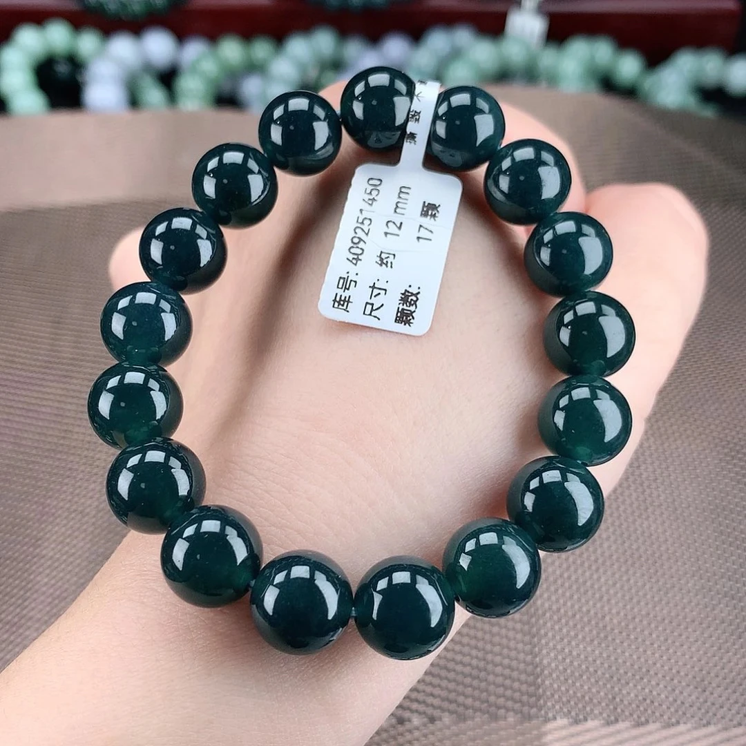 正品天然翡翠A货12m墨绿色翡翠手串老蓝水精美时尚百搭款冰种满绿
