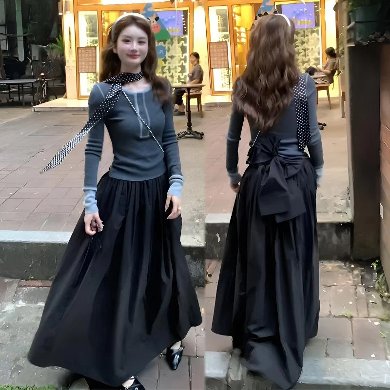 2025秋季新款撞色针织上衣搭黑色半身裙套装气质轻熟风女装