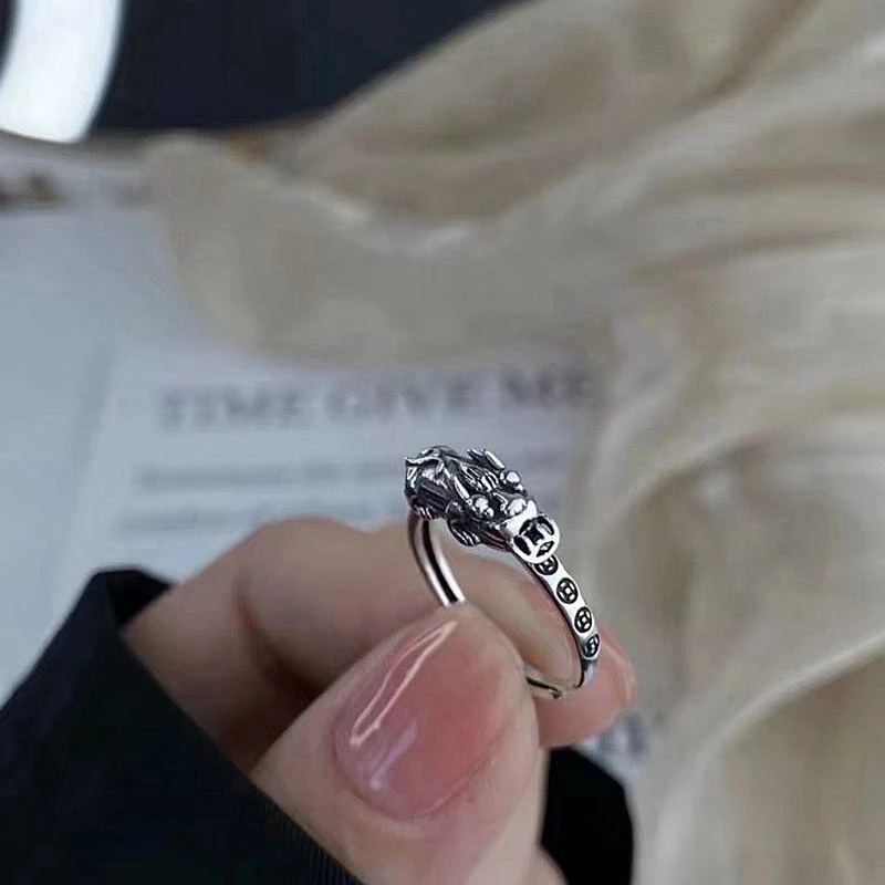 足银戒指 纯银戒指女招财貔貅设计复古时尚百搭食指指环中国风潮