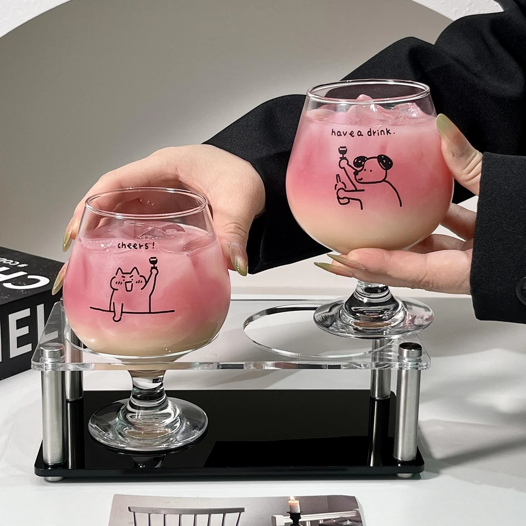 原创可爱小狗玻璃杯情侣高脚杯甜酒杯果酒饮料杯冰咖啡杯气泡水杯