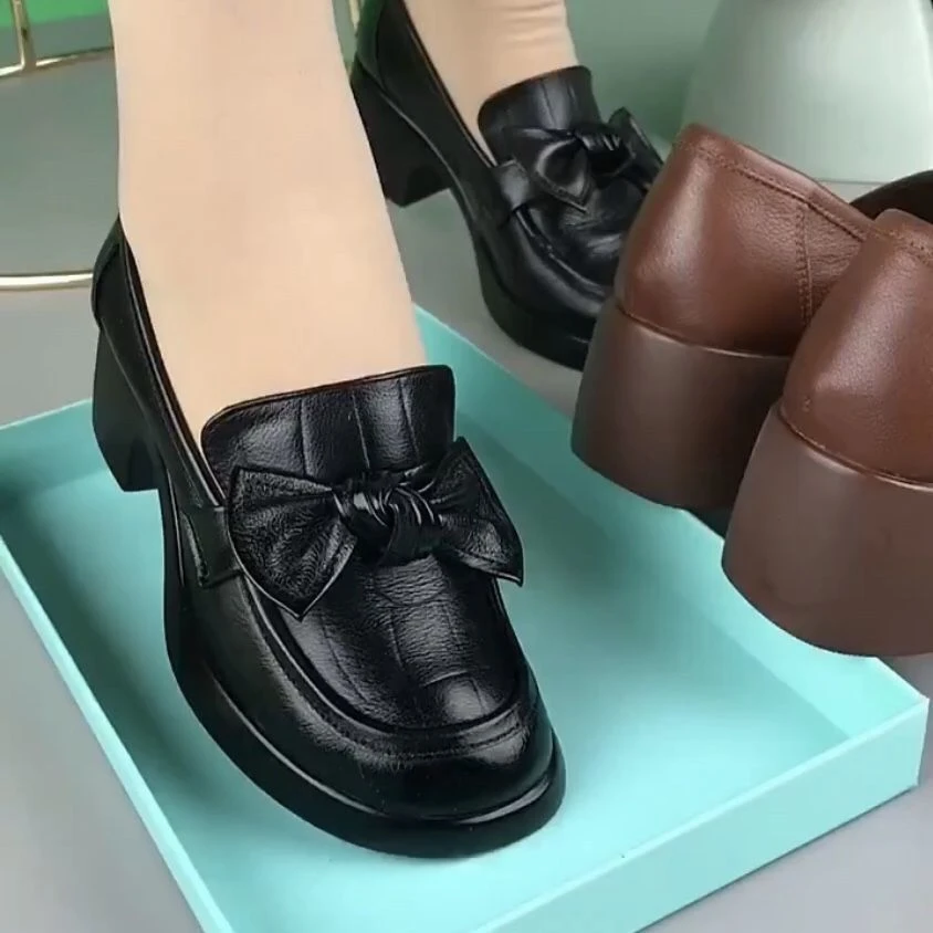 真软皮女单鞋2025春夏新款中粗一体跟圆头蝴蝶结休闲妈妈乐福鞋潮