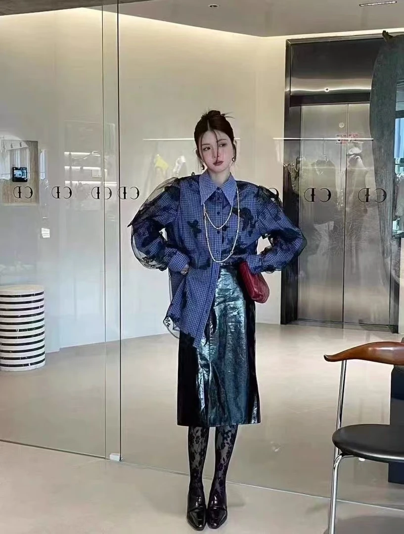 欧洲站蝴蝶刺绣网纱蕾丝格子长袖衬衫女2025早春新品宽松减龄上衣