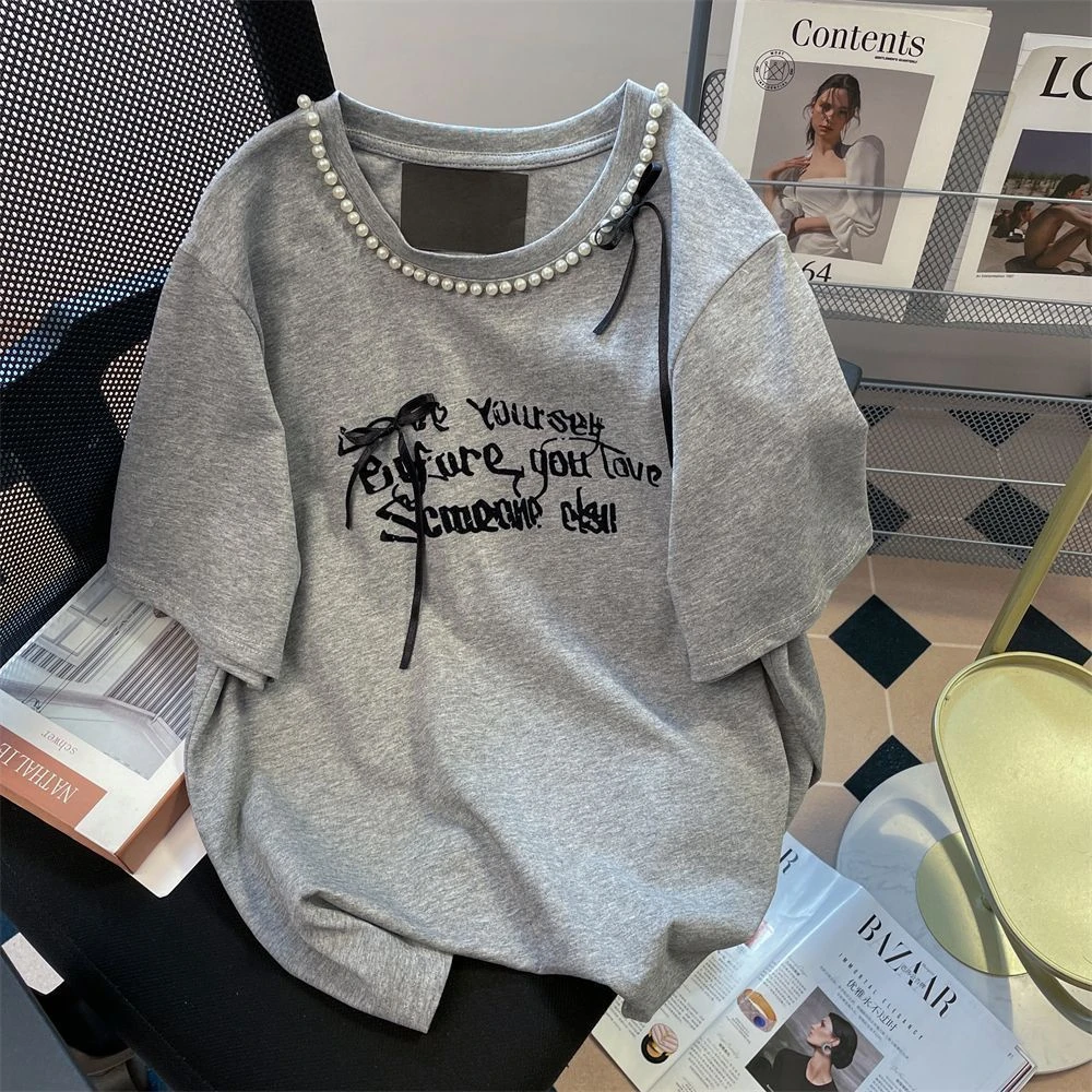 夏季款大码小众独特短袖法式别致蝴蝶结珍珠宽松日系韩版休闲上衣