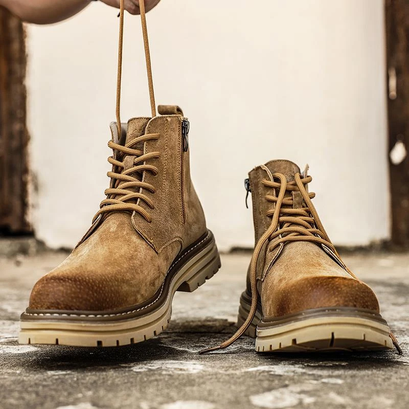 Bambetel男士秋季新款中帮户外工装英伦风潮流男靴大黄靴