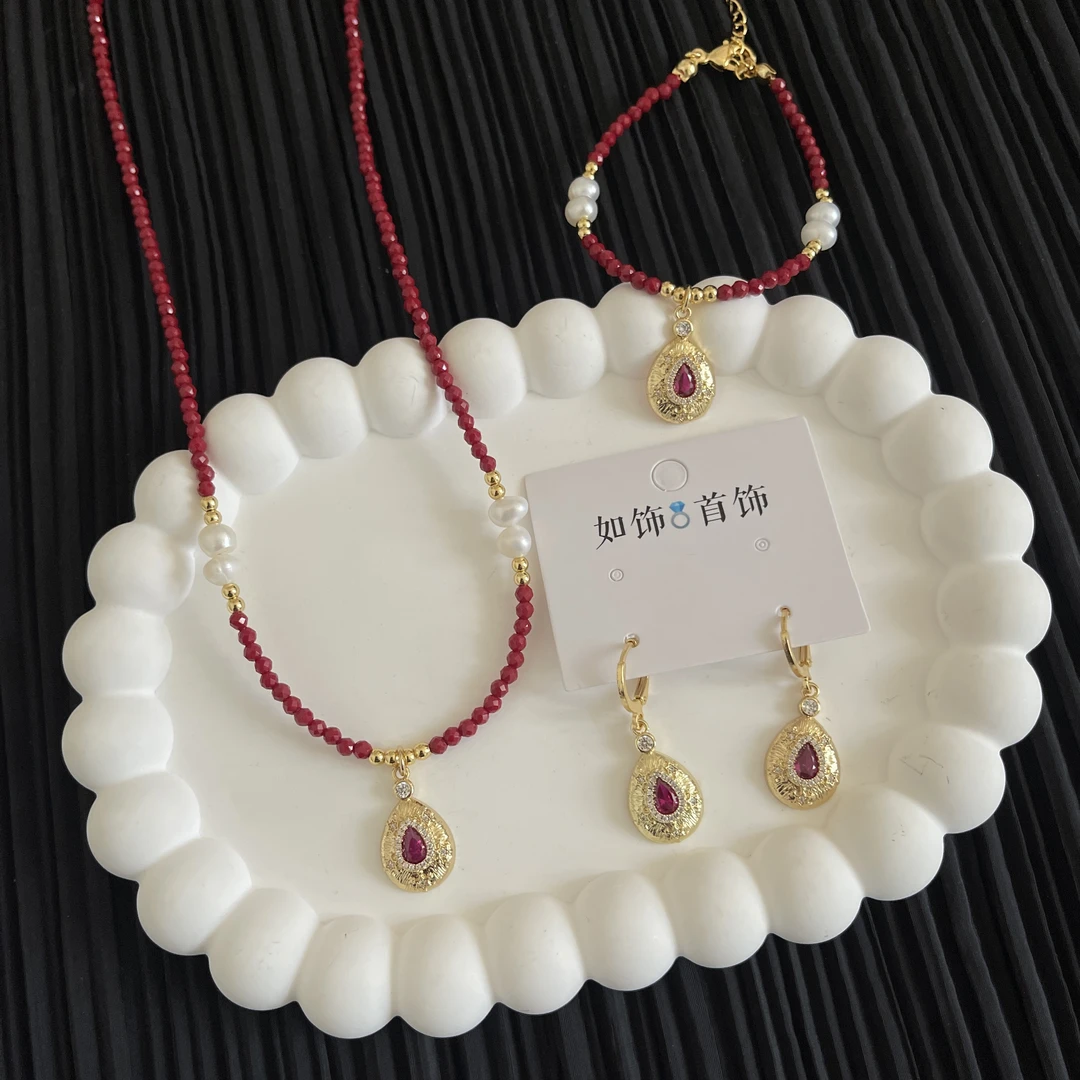 钛钢仿水晶项链 如饰 红色水滴仿水晶链三件套套装手工气质百搭