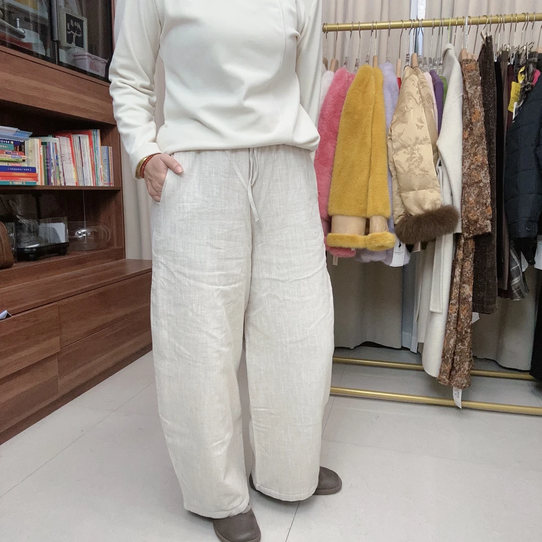 【臀江江】2025新款大码亚麻加棉加厚女装保暖休闲阔腿长裤