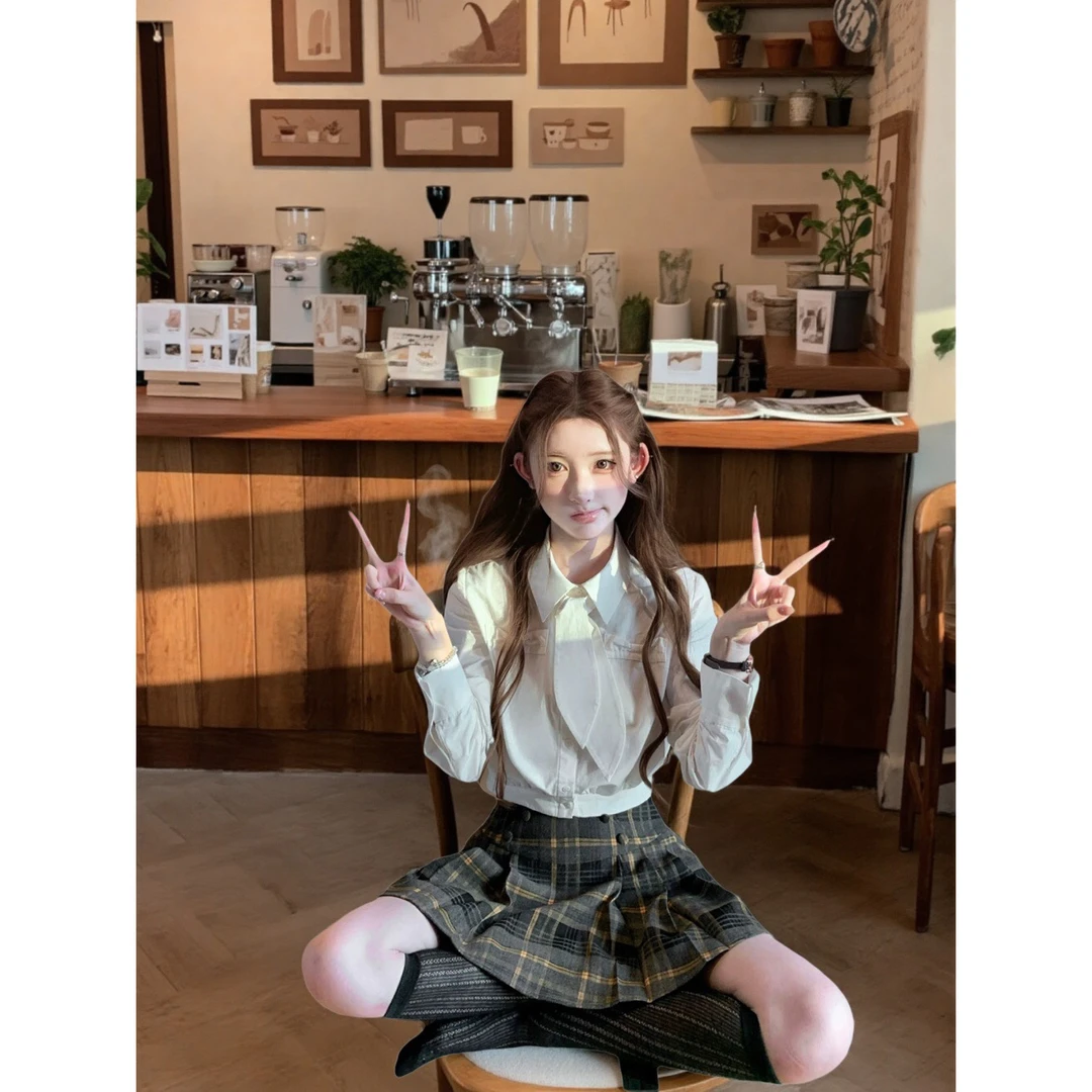 【伯爵茶饼干】学院风时尚设计感外套白色衬衫格子百褶半身裙套装女