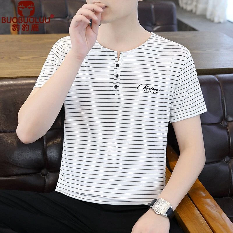 条纹薄款冰丝T恤短袖新款圆领夏季男士半袖修身体恤休闲上衣男装