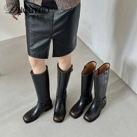 DUCURNO英伦风粗跟方头不过膝长靴女侧拉链皮带扣时尚显瘦骑士靴