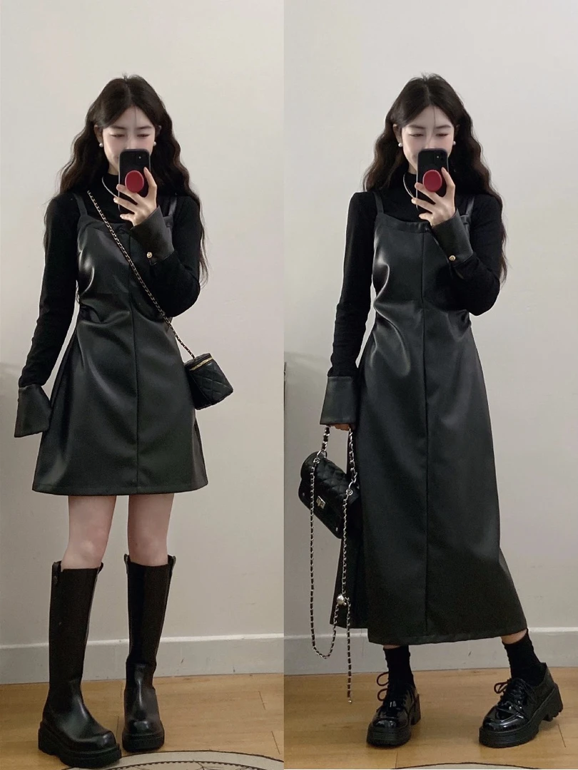 大码微胖女装假两件辣妹气质拼皮收腰显瘦连衣裙胖MM时尚连衣裙