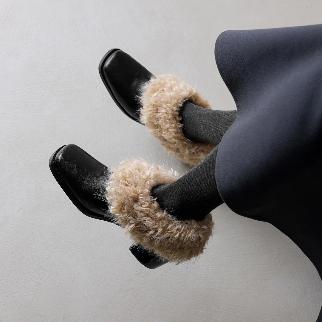 超洋气~！5cm真皮方头冬季毛鞋子粗跟短靴加绒保暖百搭单鞋