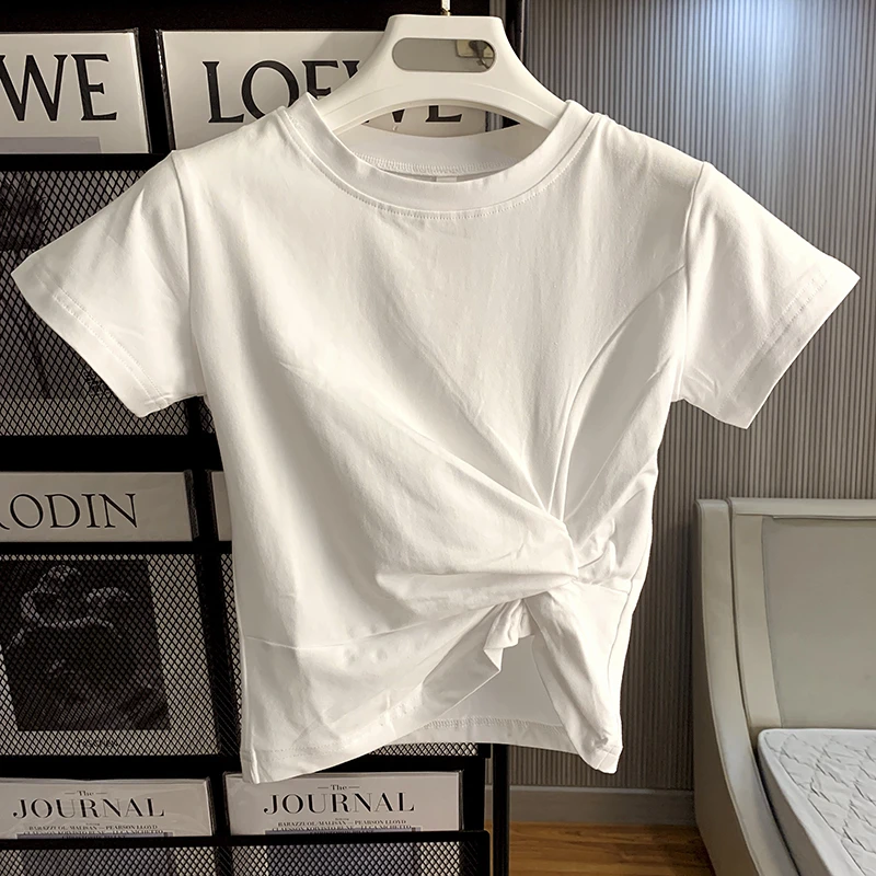不规则扭结白色女装t恤女短袖夏季小众新款修身显瘦别致上衣潮