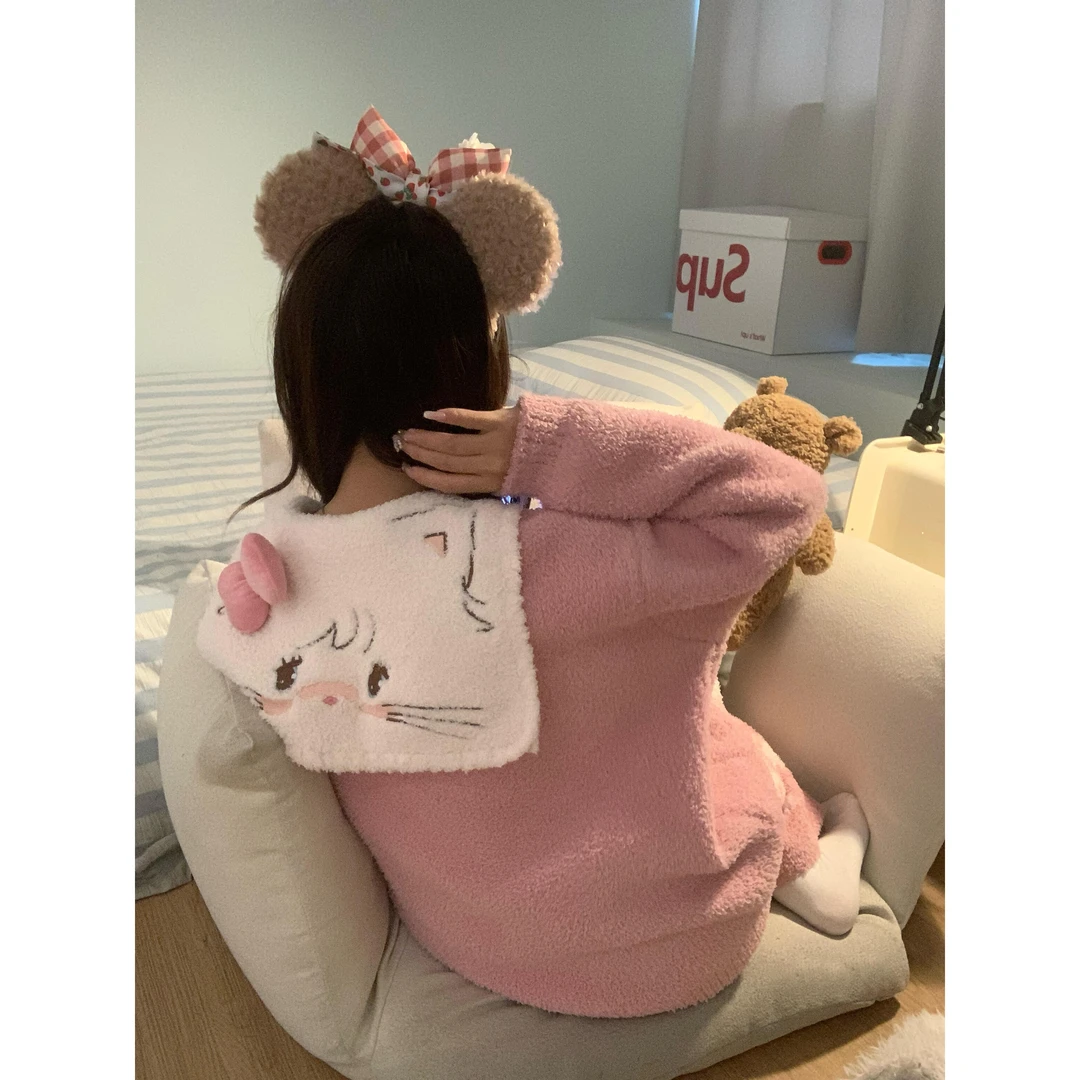 可爱海军领毛衣针织半边绒保暖睡衣女秋冬新款格纹长裤家居服套装