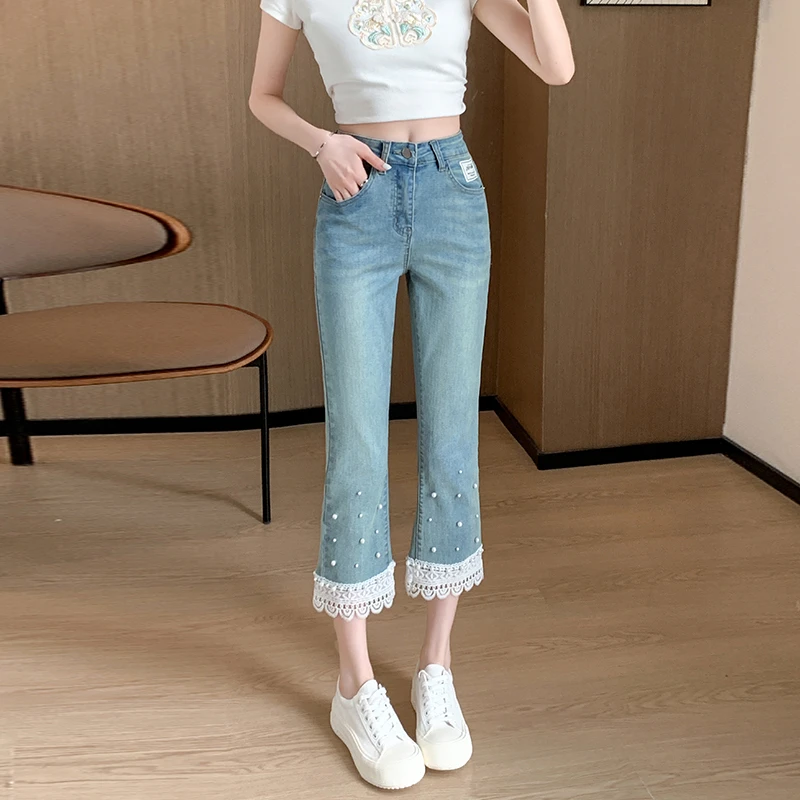 韩系钉珠贴身微喇牛仔裤女夏季薄款小个子145cm148八分花边喇叭裤
