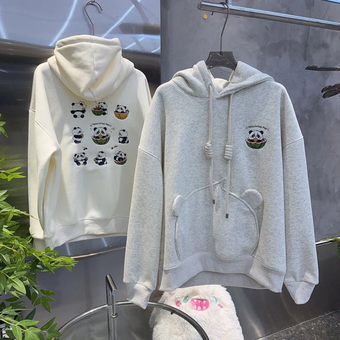 25冬季新款加绒加厚熊猫口袋后背重工刺绣连帽卫衣韩版连帽卫衣