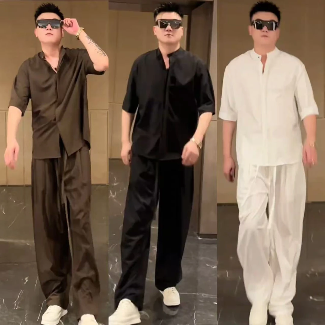 【李李穿搭】立领休闲衬衫新贵风套装男装夏季薄款套装宽松