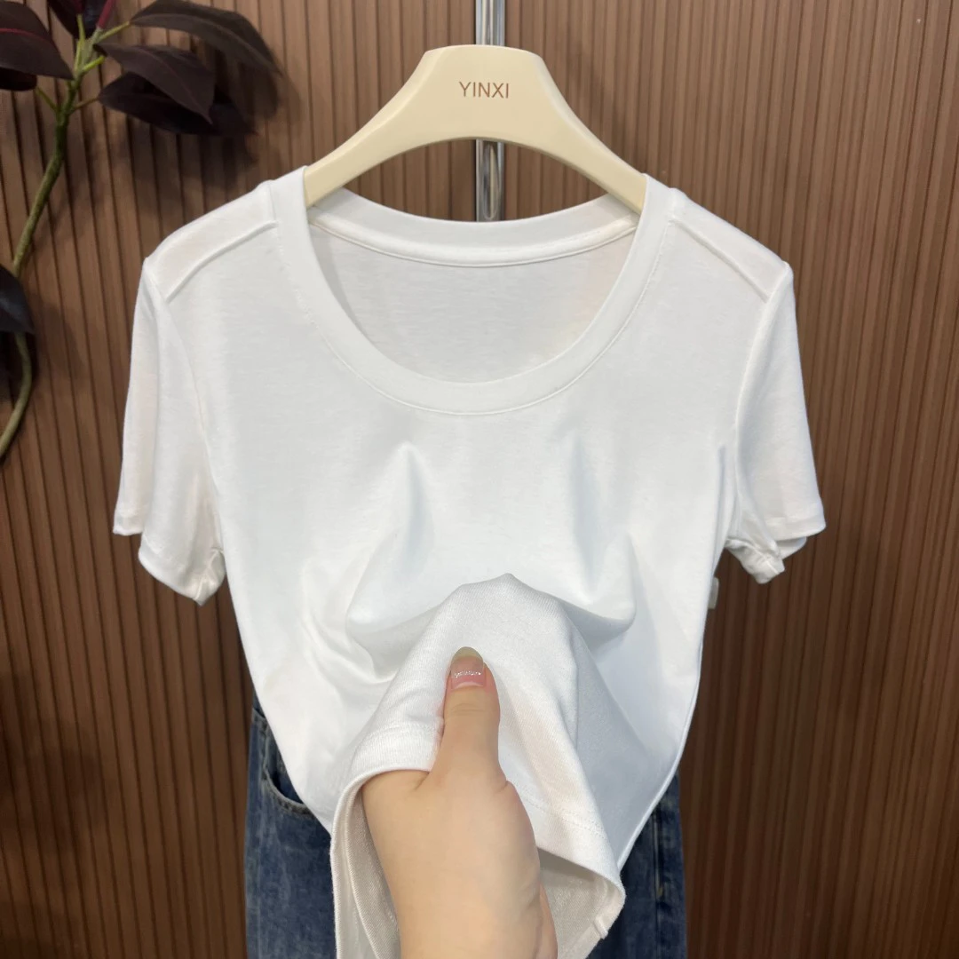 纯色短袖T恤女简约甜辣圆领鱼骨螺纹韩版夏季休闲ins高弹打底衫