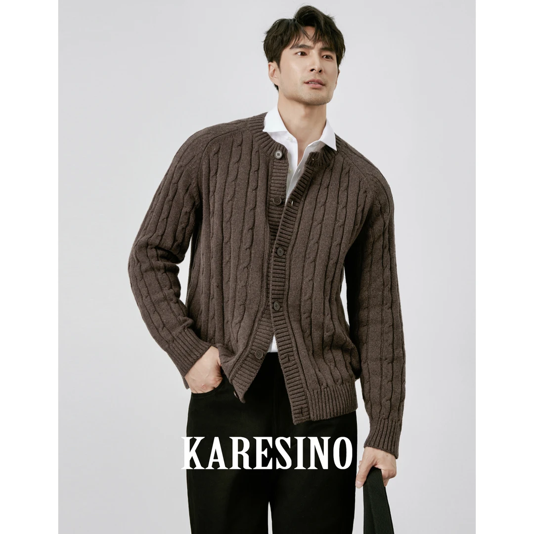 KARESINO冬季男士麻花针织毛线上衣外套男款圆领休闲毛衣羊毛开衫