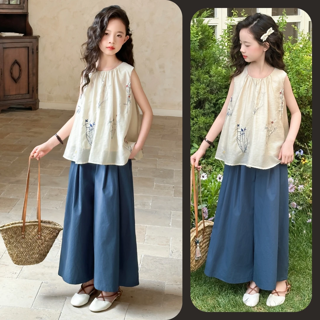 女童夏季时尚刺绣无袖小衫阔腿裤套装6~12岁中大童休闲洋气韩版潮