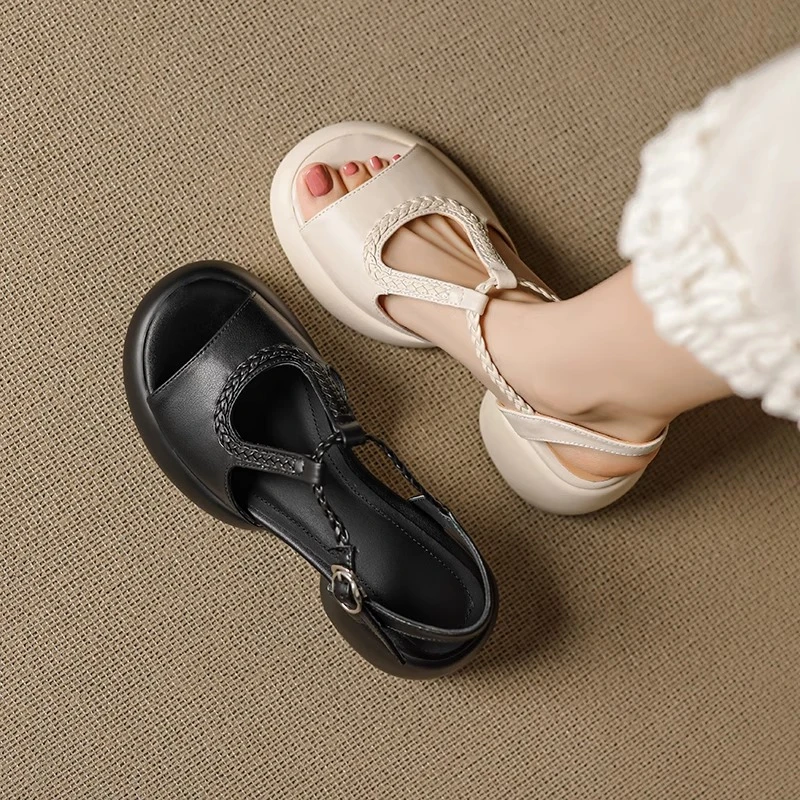 踩屎感真皮厚底编织露趾凉鞋女款2025新款夏季女鞋罗马粗跟高跟鞋