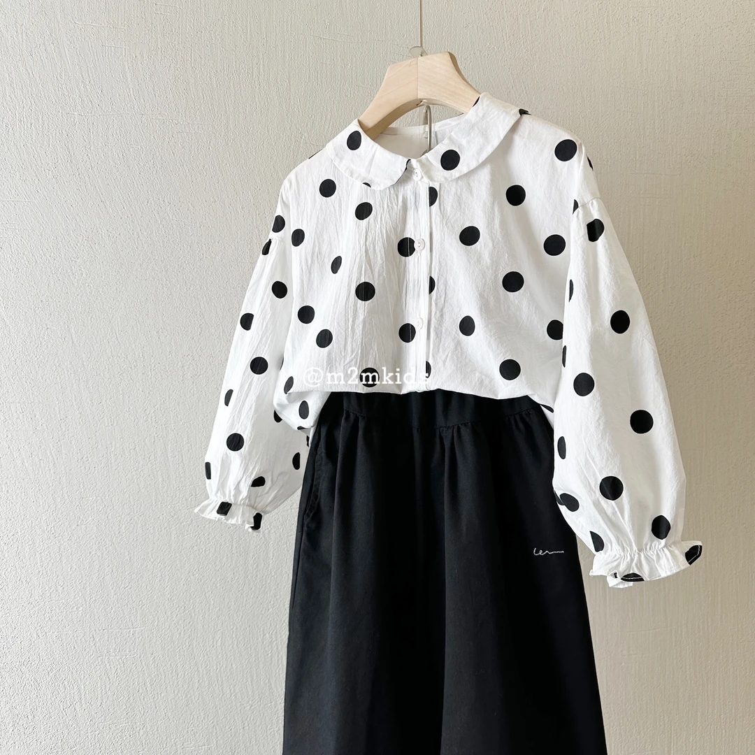 韩版断码春季女童黑白色长袖韩系INS风复古娃娃衫 赫本风衬衫