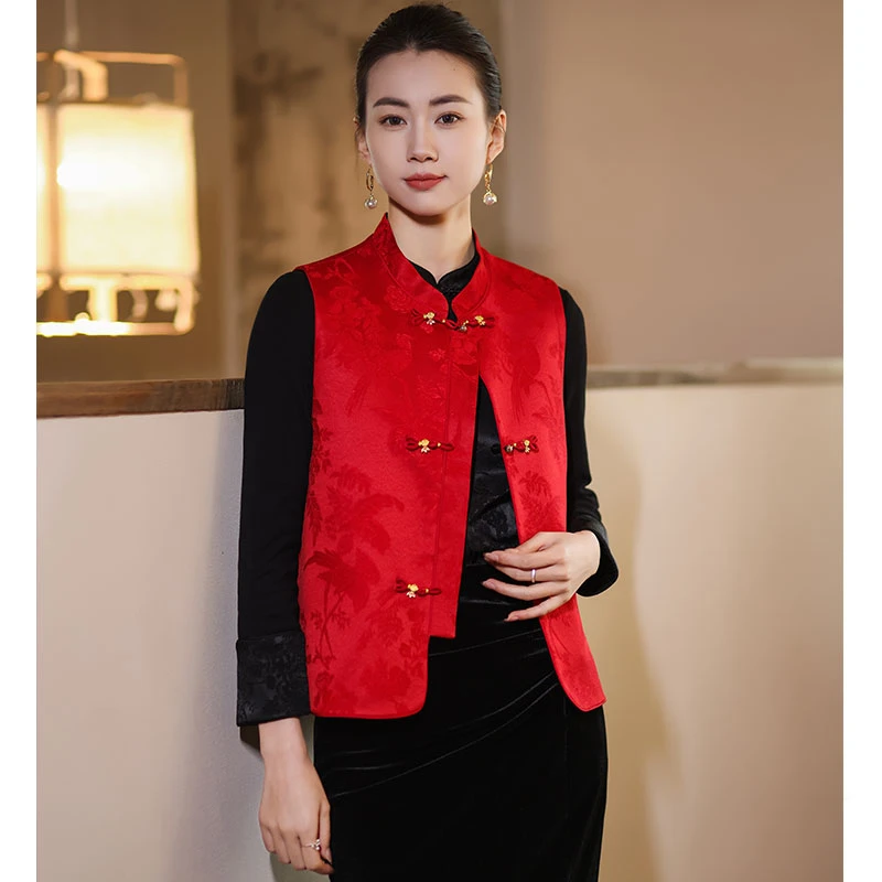 红色拜年服双面新中式国风马甲女春2025新款复古时尚提花上衣背心